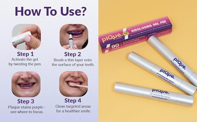PLQUE Disclosing Gel Pen (90 Uses) - Tooth Plaque Detector for Better Brushing, Purple Stain Formula Reveals Invisible Cavity Causing Plaque, Kids and Adults Oral Care Tool, Pediatric Dentist Design