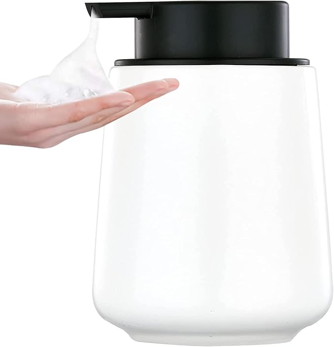 12Oz Foaming Hand Soap Dispenser - White Foam Soap Dispenser Bathroom with Easy-to-Press Pump, Modern Refillable Liquid Lotion Hand Soap Dispenser, Ceramic Dish Soap Dispenser for Kitchen