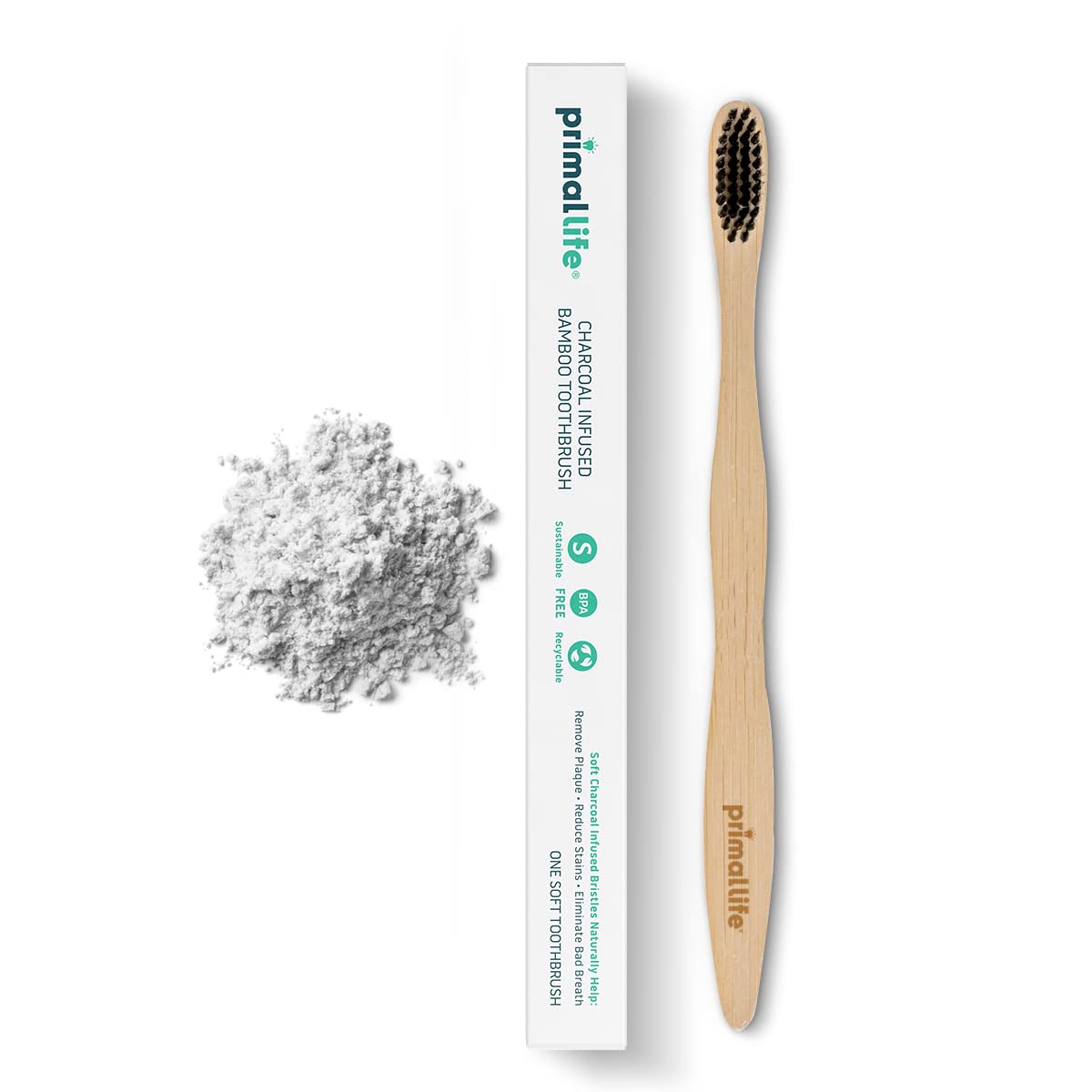 Primal Life Organics - Charcoal Toothbrush, Made with Charcoal & Bamboo, Biodegradable, BPA-Free, Perfect for Kids & Adults, Recyclable, Gently Massages Gums & Teeth, Zero Waste Toothbrush, (1-Pack)