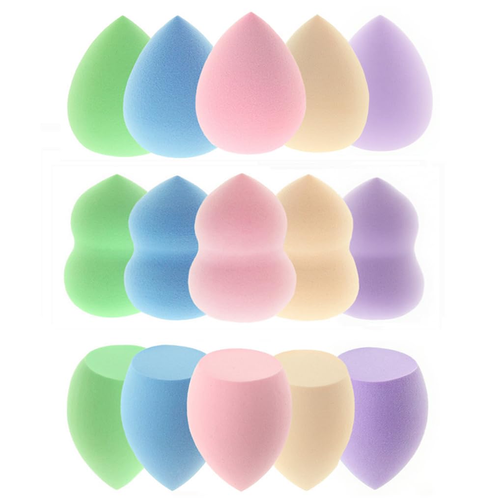 15 Pcs Makeup Sponges Set - 3 Shapes Beauty Blender Kit for Liquid, Cream & Powder Foundation, Concealer - Multi-Colored Soft Cosmetic Sponges (Pink/Nude/Purple/Green/Blue)