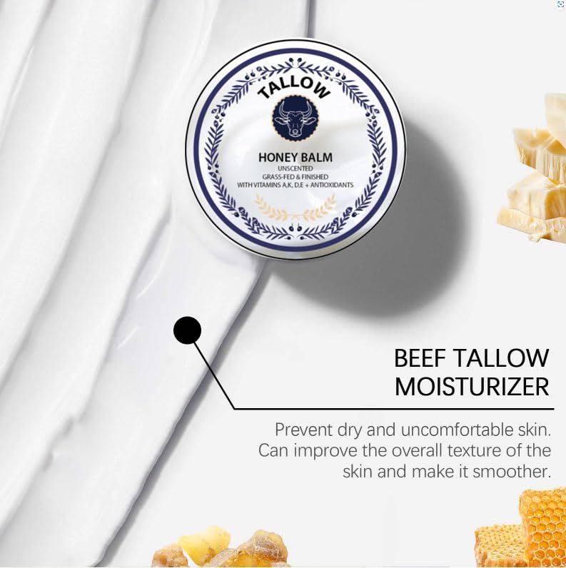 Grass Fed Honey & Tallow Balm - Tallow and Manuka Honey Cream, Bálsamo de Miel y Sebo, Unscented, Natural Ingredient Whipped Moisturizer for Face & Body, Lotion and Lip Balm 2 oz (1pcs)