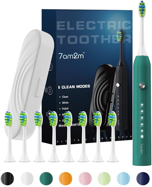 7AM2M Sonic Electric Toothbrush for Adults and Kids, with 8 Brush Heads and Travel Case,5 Modes with 2 Minutes Build in Smart Timer, One Charge Use for 90 Days,Rechargeable Toothbrushes(Peacock Green)