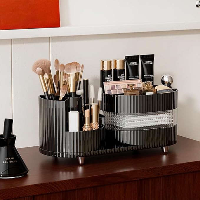 Rotating Vanity Organizer with Brush Holder and Drawer, 3 Layer Cosmetic Skincare Storage, Large Countertop Makeup Perfume & Lotions Display Case (Black)