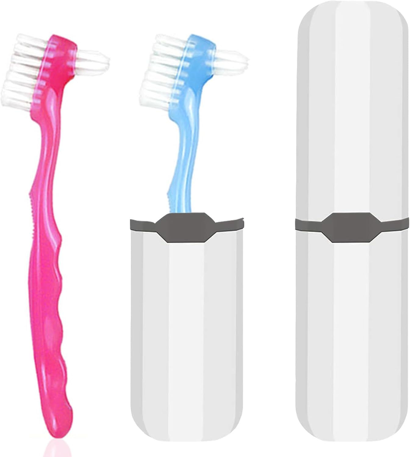 2-Piece Denture Cleaning Brush Set - Multi-Layered Bristles False Toothbrush with Ergonomic Handle and White Carrying Case for Fake Teeth Cleaning, Travel-Sized Oral Care Tool (Blue&Red, One Size)