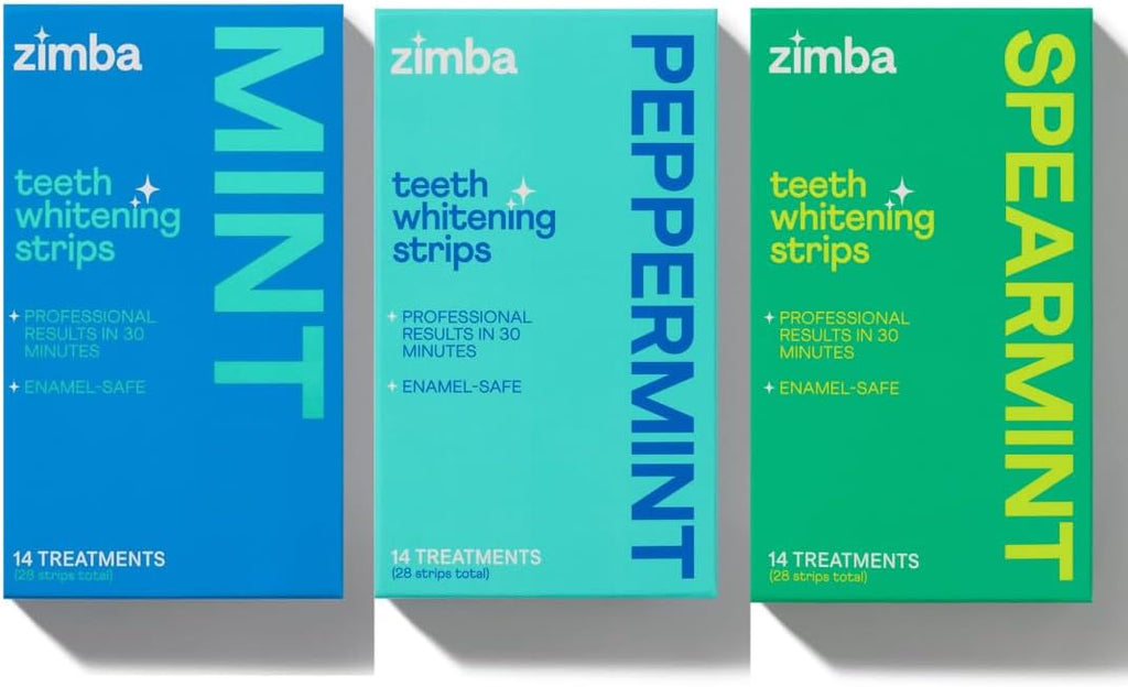 Zimba Teeth Whitening Strips 3-Pack Bundle (Mint, Spearmint, Peppermint) | Vegan Whitening Strip Enamel Safe Teeth Whitening Hydrogen Peroxide Teeth Whitener for Coffee, Wine, Tobacco, & Other Stains