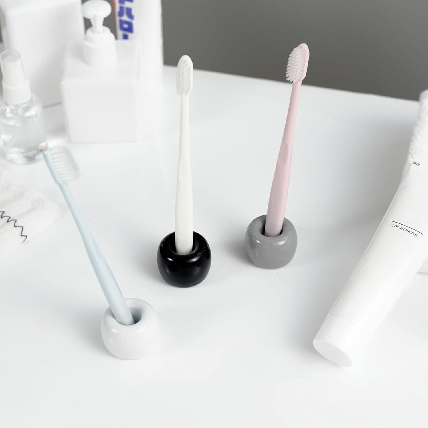 Mini Ceramic Couple Toothbrush Holder, Hand-Made Bathroom Toothbrush Holder, Electric Toothbrush Head Holder and Office Pen Holder 2-Piece Set (Gray)