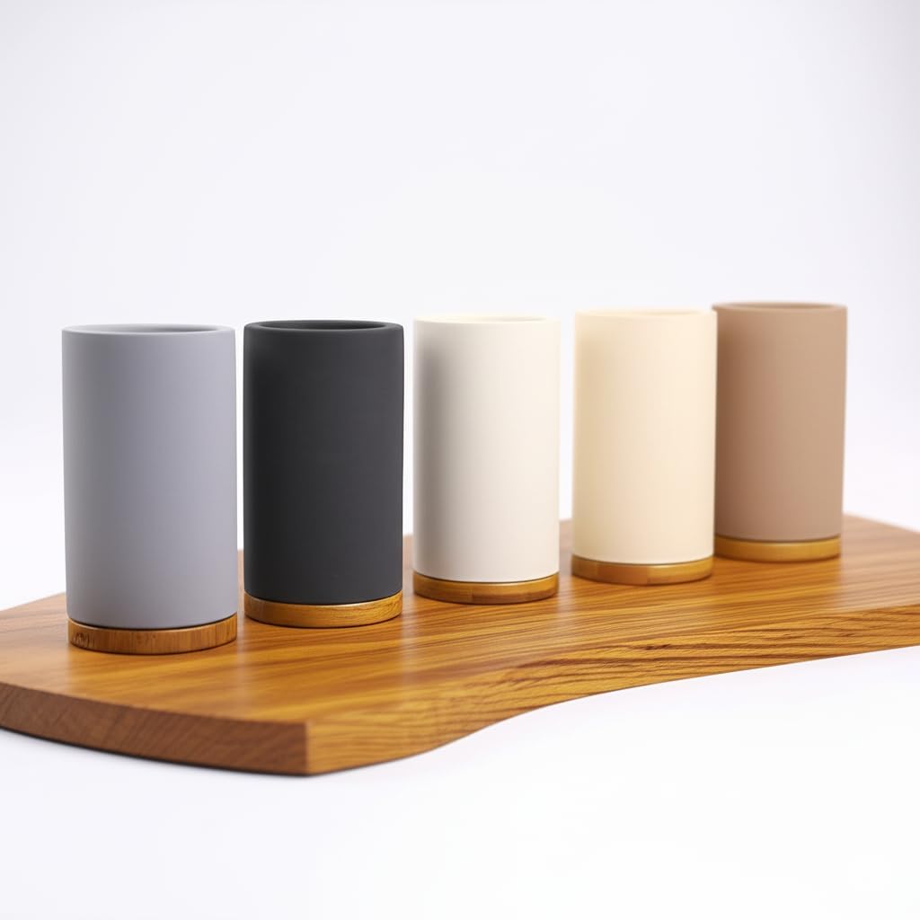 Matani Diatomite & Bamboo Toothbrush Holder - Quick-Drying, Water-Absorbent Stand with Removable Base & Drain Holes for Bathroom Countertop (Light Gray)