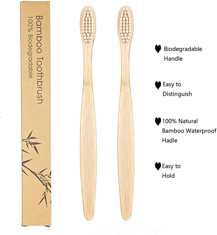SEVENHEAD 2 PCS Bamboo Toothbrushes for Adults - Soft Bristles, Natural Biodegradable, BPA Free, Eco-Friendly, White