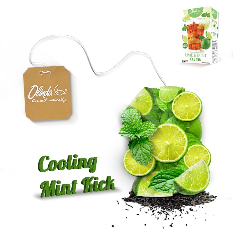 Olinda Lime & Mint Iced Tea Organic Herbal Sugar Free Minty Hot and Cold Brew Supports Healthy Digestion Naturally Caffeinated Refreshing Peppermint Tea Individually Wrapped 25 Tea Bags Christmas Gift