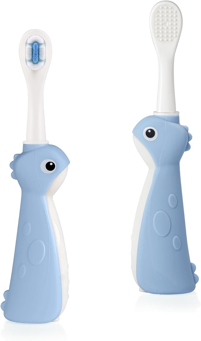 haakaa Dinosaur Toothbrush for Kids 2-4 – Soft Bristles Baby Toothbrush with Silicone Handle, Non-Slip Grip & Tongue Cleaner | BPA-Free, Fun Training for Toddlers - Blue, 2 Counts