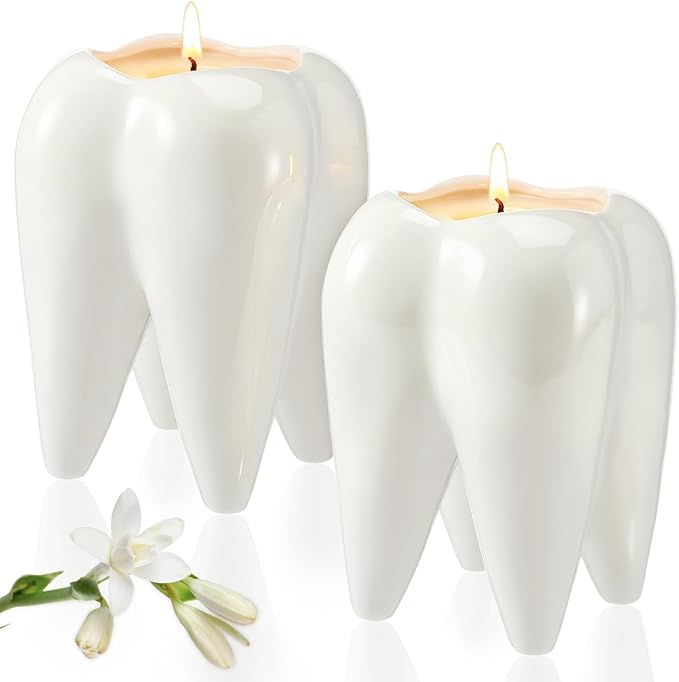 2 Pcs Ceramic Tooth Shaped Scented Candle Freesia Scent Aromatherapy Candle for Dentist 2.7 x 3.9 Inch Long-Lasting Natural Soy Wax for Dentist Clinic Desk Supplies Dental Gifts