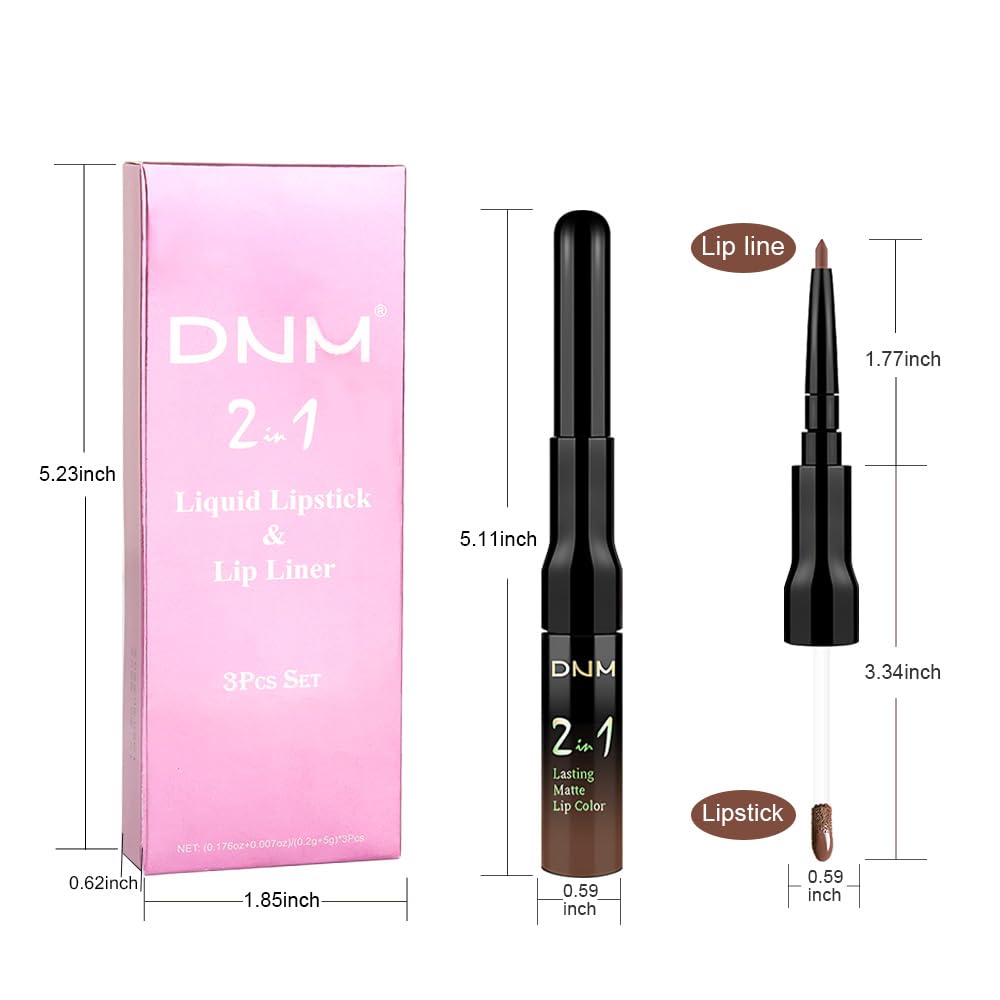 3Pcs 2 in 1 Chocolate Nude Brown True Nude Matte Lip Liner and Liquid Lipstick Stain Makeup Set for women, Long Lasting Smudge Proof Lip Tint Matte Finish Lip Gloss for All-Day Color Hold Set33
