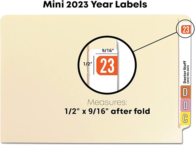 2023 MINI Year Stickers, Doctor Stuff 2023 Chart Stickers, Orange Colored, Tab 1287 Style, USA Made Year Labels for End Tab File Folders, 500/Roll, 1 Roll, 1/2" x 1-1/8"