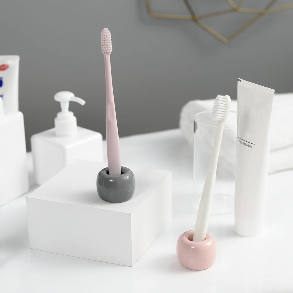 Mini Ceramic Couple Toothbrush Holder, Hand-Made Bathroom Toothbrush Holder, Electric Toothbrush Head Holder and Office Pen Holder 2-Piece Set (Pink)