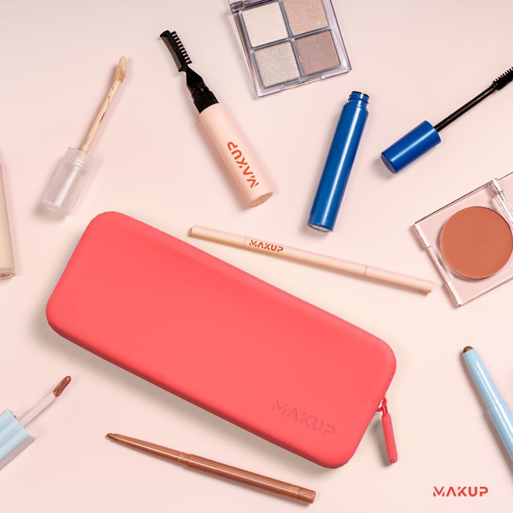 MAKUP Silicone Makeup Bag, Makeup Brush Holder with Zipper for Organizing Cosmetics, Makeup Brushes, Tools and Pencils, Washable Makeup Brush Holder Pouch for Travel (Watermelon Sugar)