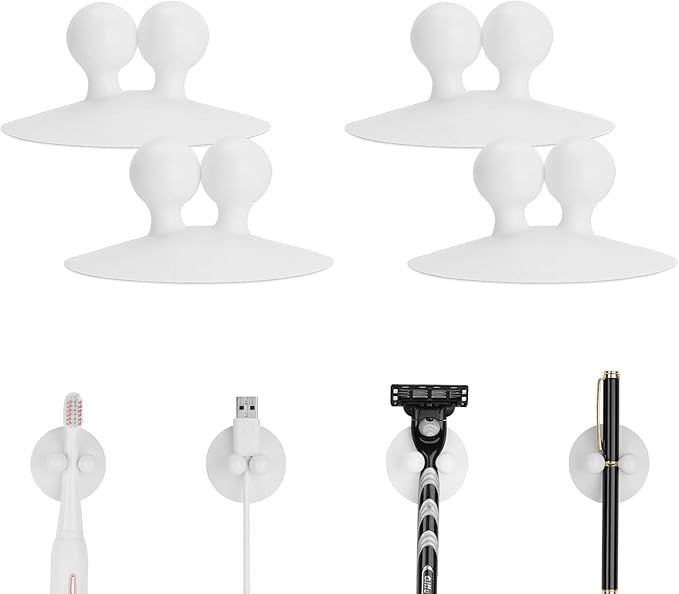 4 PCS Suction Cup Toothbrush Holder for Mirror, Electric Toothbrush Hanger Wall Mounted for Bathroom, Waterproof Multifunctional Hook for Towel, Key and Razor White