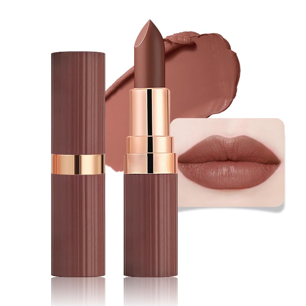 Warm Brown Nude Lip Stick,Matte Cream Lipstick Set for Women,Long Lasting Waterproof Smudge Proof Velvet lipsticks Crayon,Lip Makeup Kit Travel Size,Vegan & Cruelty-free (Pack of 1)