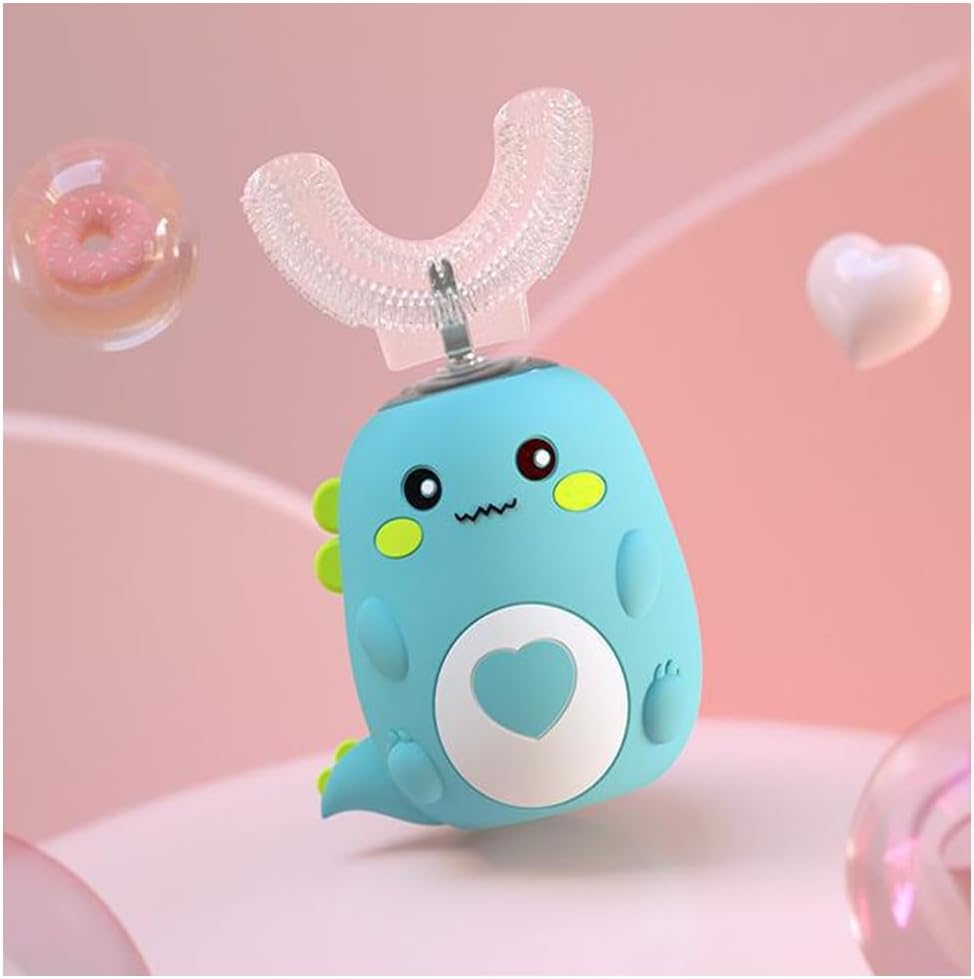 Kids Automatic U-Shaped Toothbrush, 360º Toothbrush Rechargeable Auto U-Shaped Electric Toothbrush with Led Light, 5 Modes & Smart Timer Gentle Waterproof and Cartoon Dragon Design (Green*1)