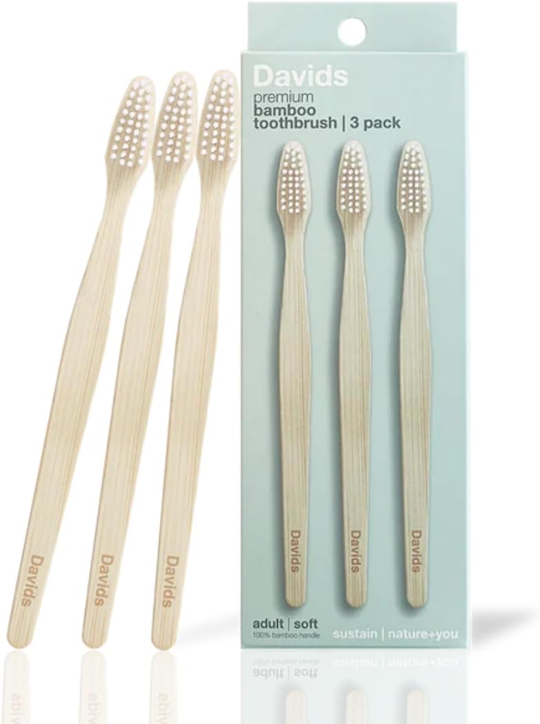 Davids Premium Bamboo Soft Bristle Toothbrush - 3 Pack | BPA Free, Eco-Friendly, Sustainable High Performance Bristles to Improve Oral Health Naturally | 100% Natural Bamboo Handle | Made in Germany