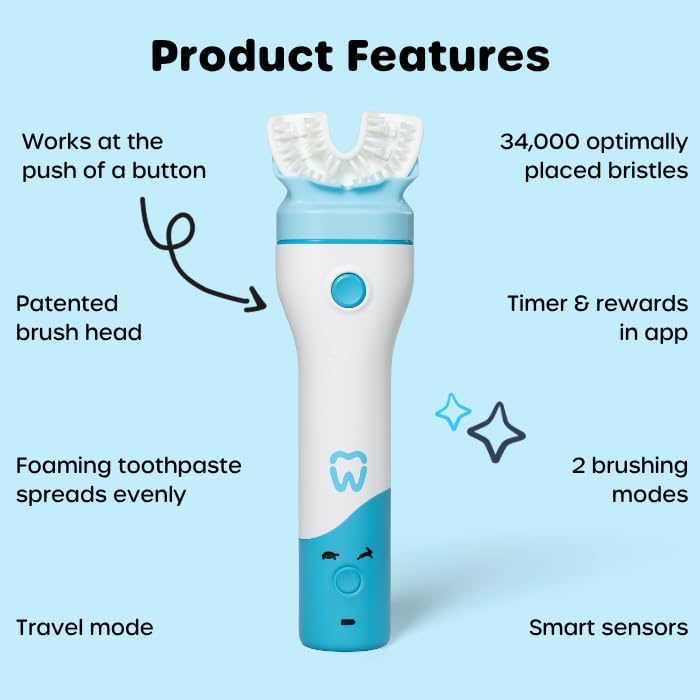 Willo BrushBot Kids U-Shaped Toothbrush Starter Kit – Rechargeable, Smart Electric Toothbrush for Kids Ages 5-7 w/App, Soft Bristles, Plaque Removal, Gentle & Deep Clean Modes | Small Berry Splash