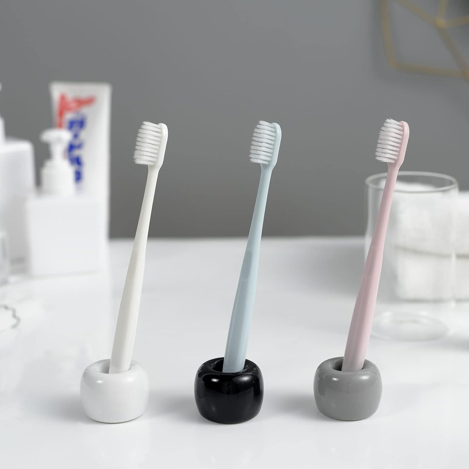 Mini Ceramic Couple Toothbrush Holder, Hand-Made Bathroom Toothbrush Holder, Electric Toothbrush Head Holder and Office Pen Holder 2-Piece Set (Black)