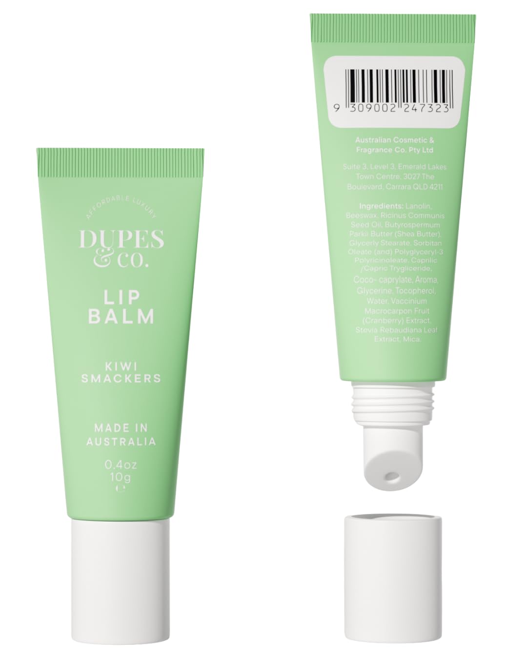 Dupes & CO. Lip Balm 2-Pack – Strawberry Sundae & Kiwi Smacker | Hydrating, Nourishing & Softening | Fruity Flavored, Moisturizing Lip Care | 2 x 0.4 oz | Made in Australia