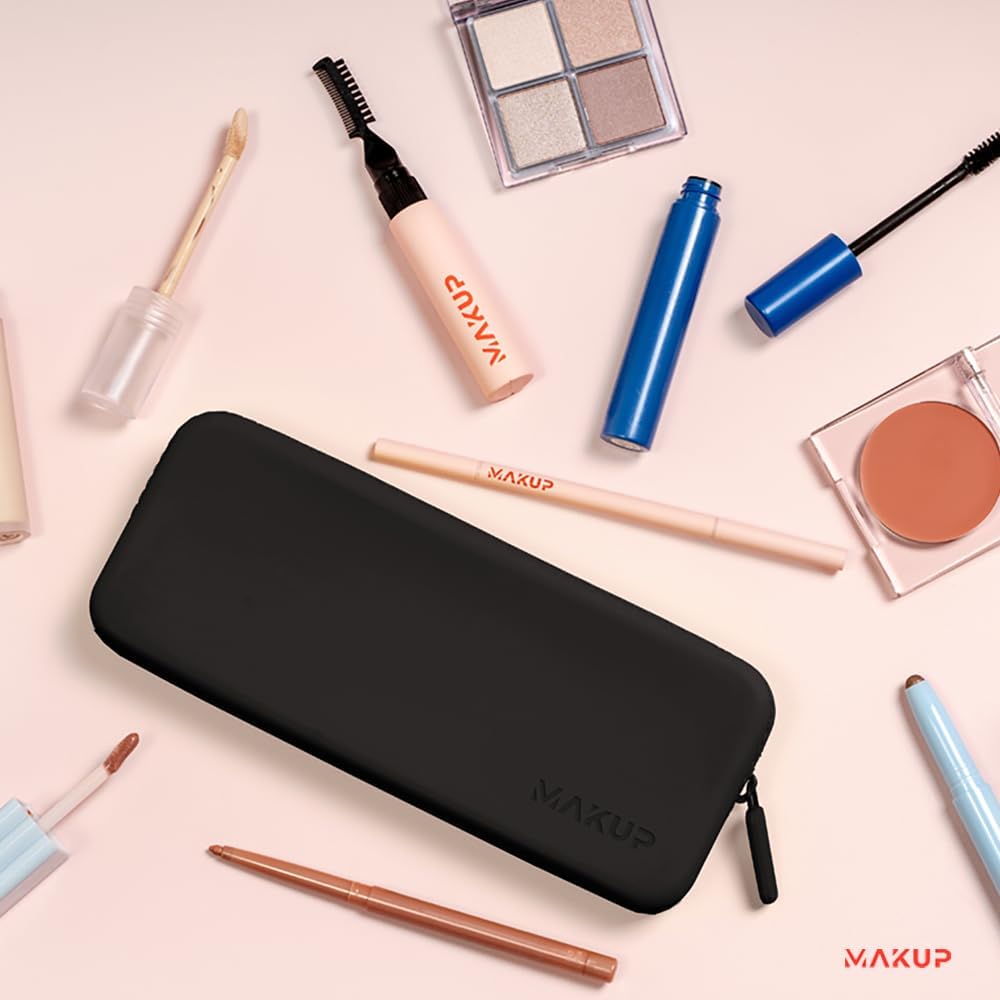 MAKUP Silicone Makeup Bag, Makeup Brush Holder with Zipper for Organizing Cosmetics, Makeup Brushes, Tools and Pencils, Washable Makeup Brush Holder Pouch for Travel (Black Out)