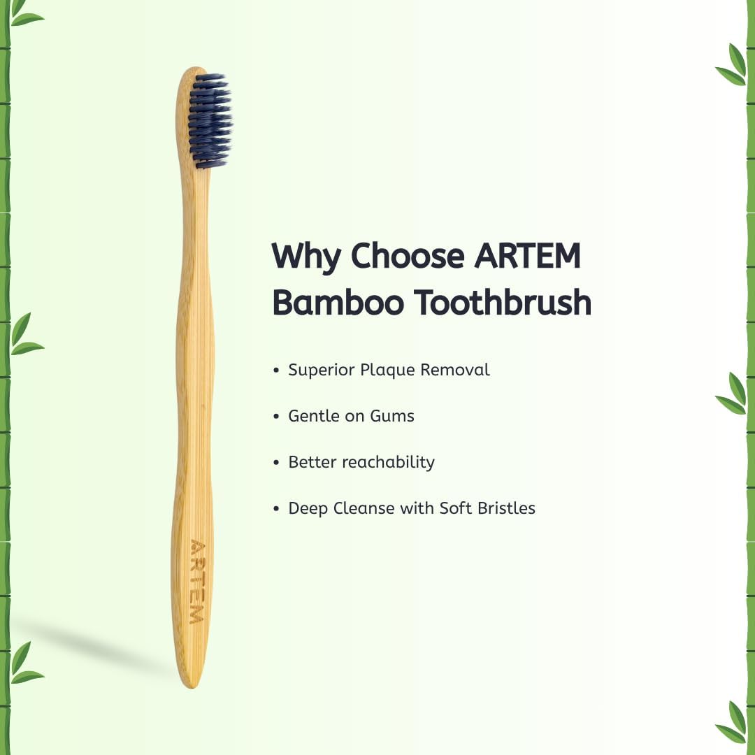 ARTEM Bamboo Toothbrush with Soft Bristles – Eco-Friendly, Biodegradable & Compostable – Natural Wooden Toothbrush for Adults & Kids – Plastic-Free Oral Care (Pack of 5)