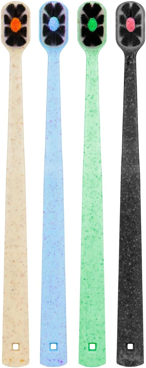 Lindo EcoCare Polishing Toothbrush - Charcoal Infused Bristles & Biodegradable Handle, for Sensitive Gums and Teeth, 12000+ Ultra Fine Charcoal Infused Bristles, Soft and Gentle, Pack of 4 (Blue)