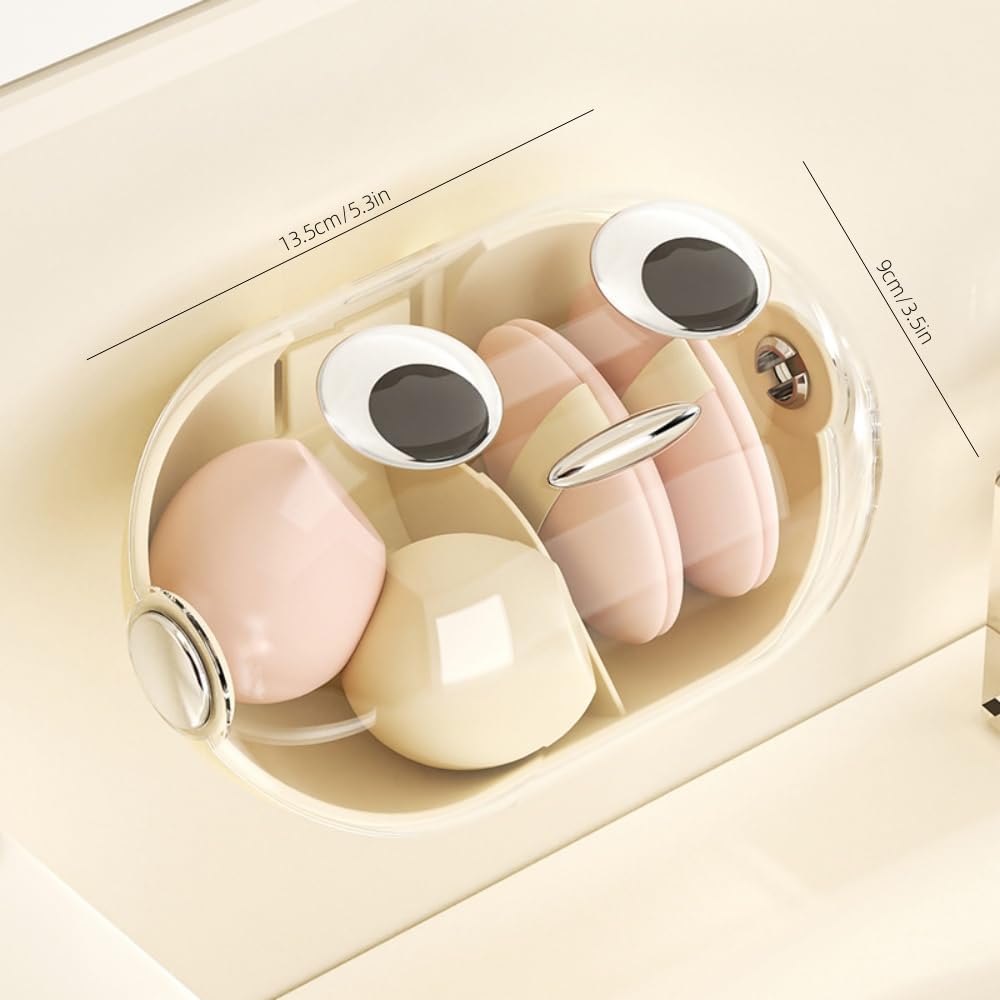 Wall-Mounted Makeup Sponge Holder Beauty Blender Holder Small Hair Accessories Organizer Drying Storage Box for Bathroom Countertop with Cute Big Eyes and Lid, 2 Compartments(1 PC,whiter)