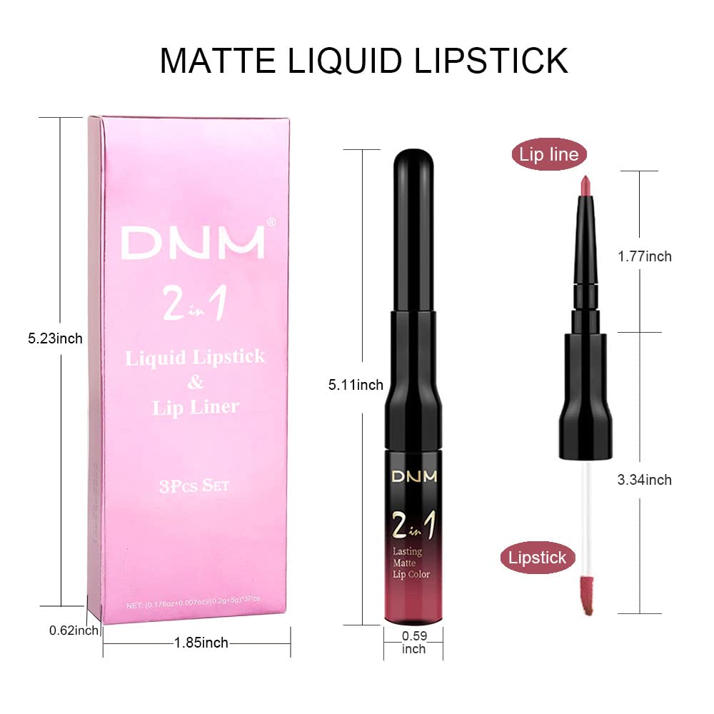 3Pcs 2 in 1 Mauve Neutral Light Rosey Nude Blue Red Lip Liner and Liquid Lipstick Stain Makeup Set for women, Long Lasting Smudge Proof Lip Tint Matte Finish Lip Gloss for All-Day Color Hold, Set10