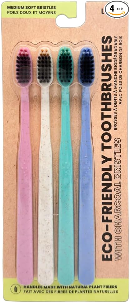 Lindo Eco-Friendly Toothbrushes with Charcoal Infused Bristles, Soft German Made Fiber Bristles, Organic and Recyclable, Multi-Colored, Pack of 4