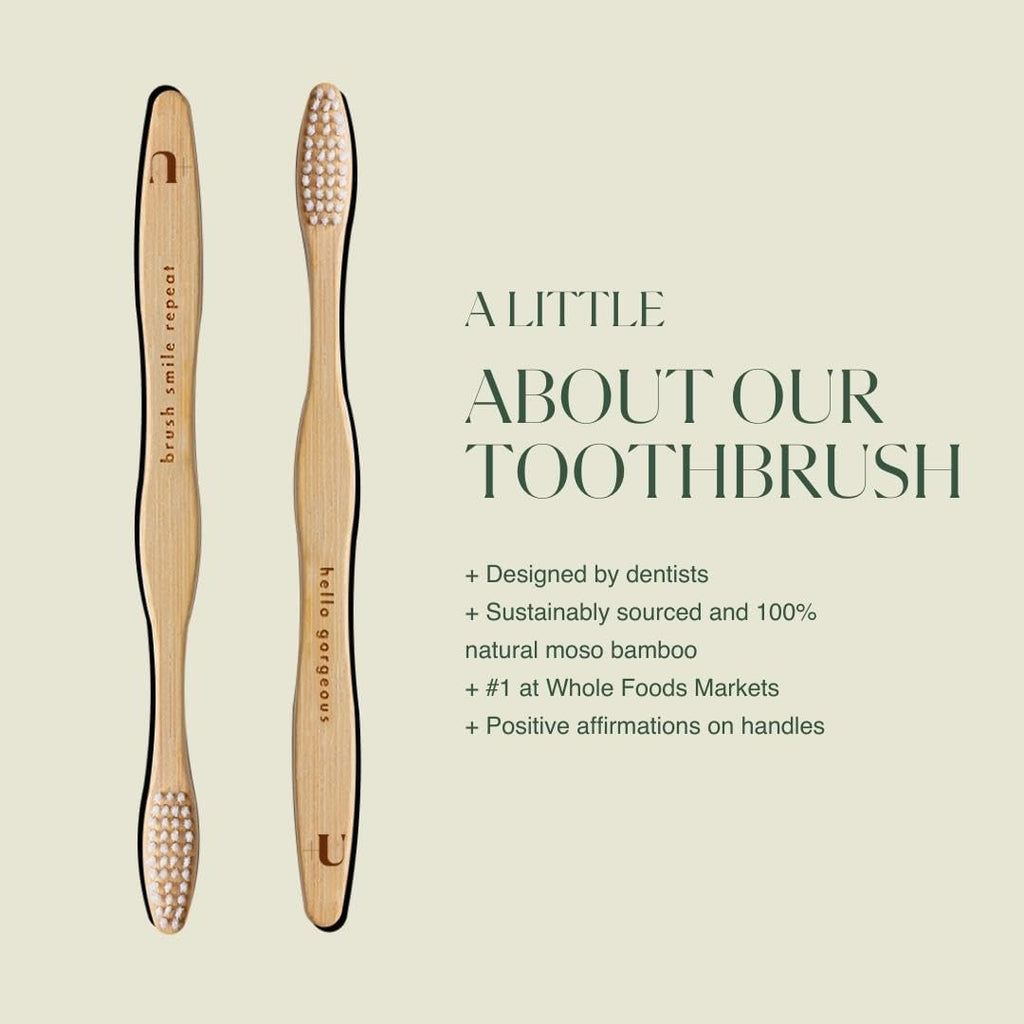 Plus Ultra 2-Pack Bamboo Toothbrush - BPA Free Soft Bristle - Dentist-Approved and All-Natural with Brush Smile Repeat and Hello Gorgeous Etched on Handles