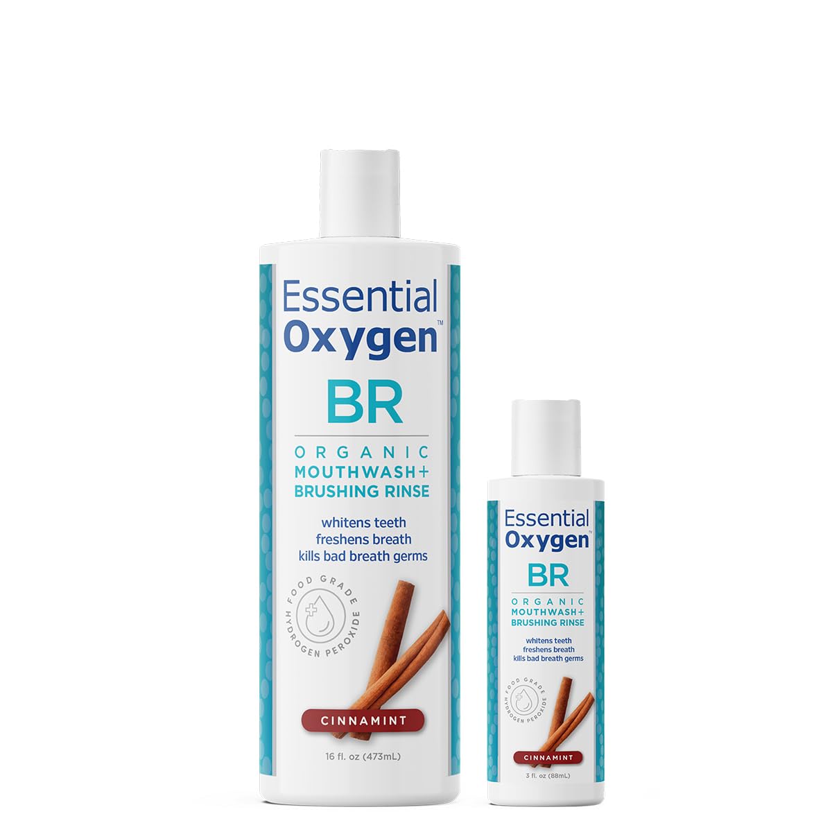 Essential Oxygen BR Certified Organic Brushing Rinse, All Natural Mouthwash for Whiter Teeth, Fresher Breath, and Happier Gums, Alcohol-Free Oral Care, Cinnamint, 2 Piece Set, 16 Oz