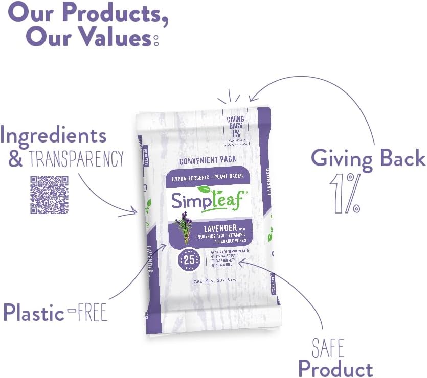 Simpleaf Flushable Wet Wipes Lavender| Eco-Friendly, Paraben & Alcohol Free | Hypoallergenic & Safe for Sensitive Skin | Soothing Aloe Formula | (6 x 25 Counts Convenient Pack) 150 Counts Total