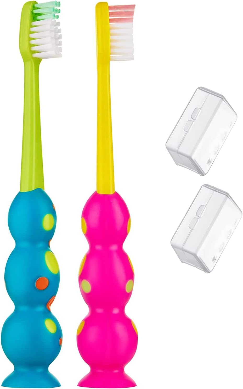 Trueocity Kids Toothbrush 2 Pack - Soft Contoured Bristles - Child Sized Brush Heads (3-10 Year Old) - Suction Cup for Fun & Easy Storage - Girl & Boy Set (2-Pack, Multi-Color)