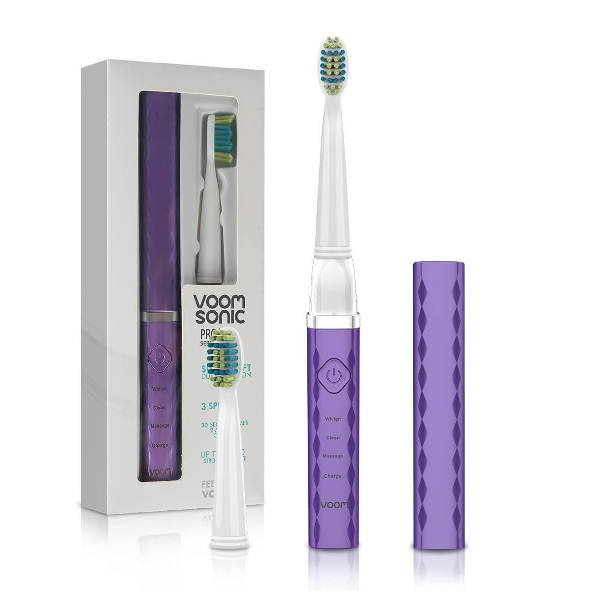 Voom Sonic Pro 3 Rechargeable Electric Toothbrush With Soft Dupont Nylon Bristles Dentist Recommended Portable Oral Care 2-Minute Timer 3 Adjustable Speeds Light Weight Design - Purple