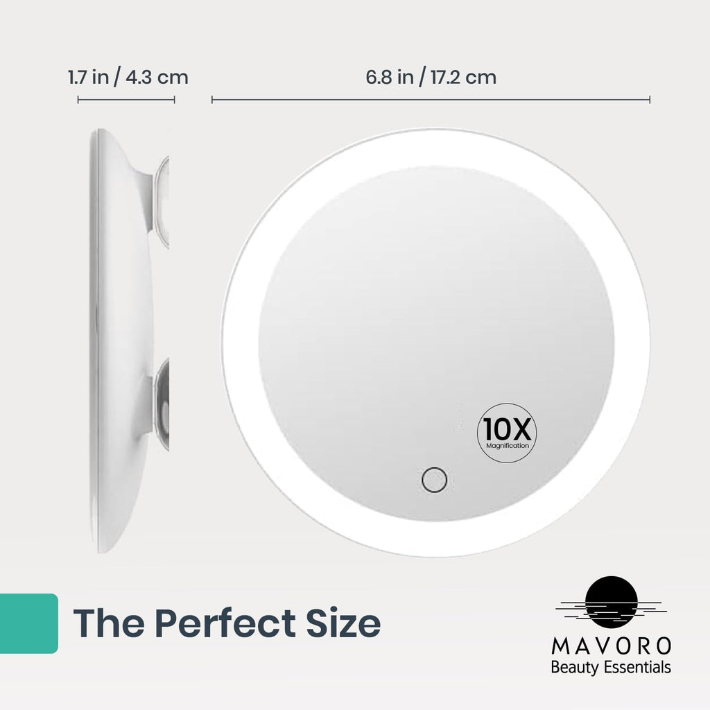 Mavoro 6.8" LED Magnifying Mirror with 3 Strong Suction Cups | 10X Magnification | Portable Lighted Travel Makeup & Cosmetic Mirror with Light (4 AAA Battery Operated |10X)