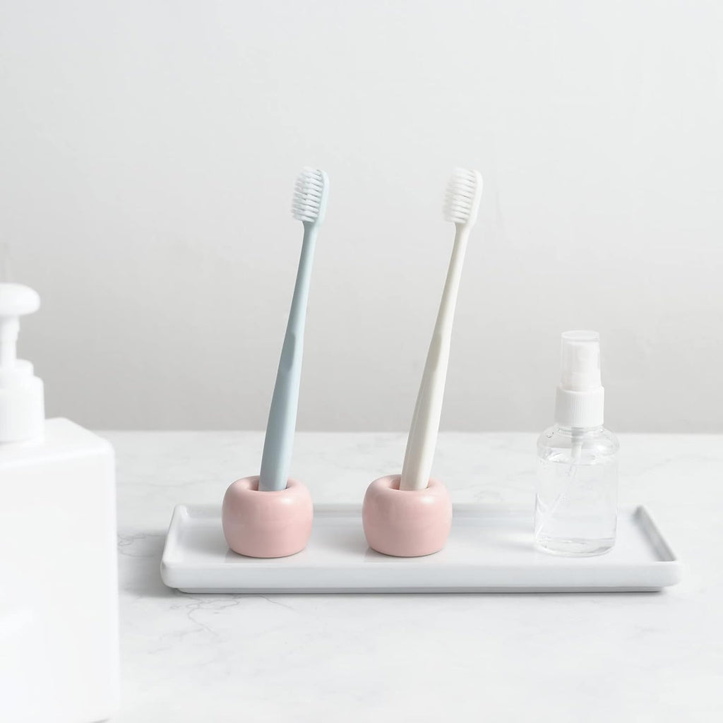 Mini Ceramic Couple Toothbrush Holder, Hand-Made Bathroom Toothbrush Holder, Electric Toothbrush Head Holder and Office Pen Holder 2-Piece Set (Pink)