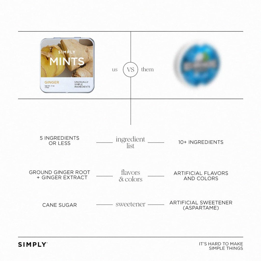 SIMPLY Mints | Ginger Breath Mints | Pack of Six (180 Pieces Total) | Made With Real Ginger + Good for Nausea + Aspartame-Free + Vegan + non-GMO