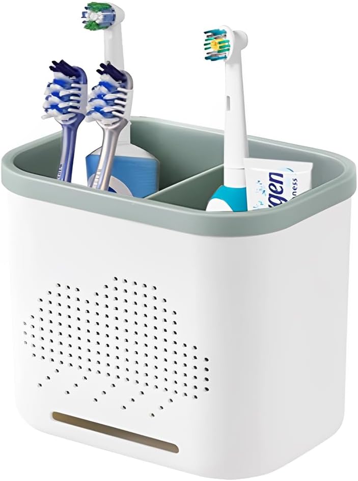 2 Slots Toothbrush Holder and Toothpaste Holder with Drain Hole, Detachable Easy Cleaning Multi-Functional Organizer Caddy Storage for Bathroom Vanity Sink Kitchen (White+Green 2 compartments)