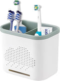 2 Slots Toothbrush Holder and Toothpaste Holder with Drain Hole, Detachable Easy Cleaning Multi-Functional Organizer Caddy Storage for Bathroom Vanity Sink Kitchen (White+Green 2 compartments)