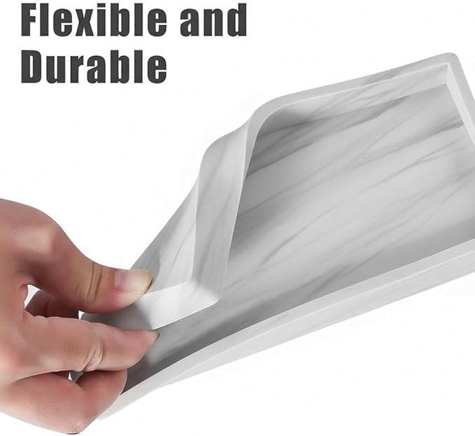 2PCS 7.87” L x 3.93” W Silicone Soap Dispenser Trays, Bathroom Sink Vanity Tray for Dresser Tops, Toilet, Tray for Scrubber, Lotion Bottles, Perfume, Jewelry, Candle, Key Trinket Ring-White Marble