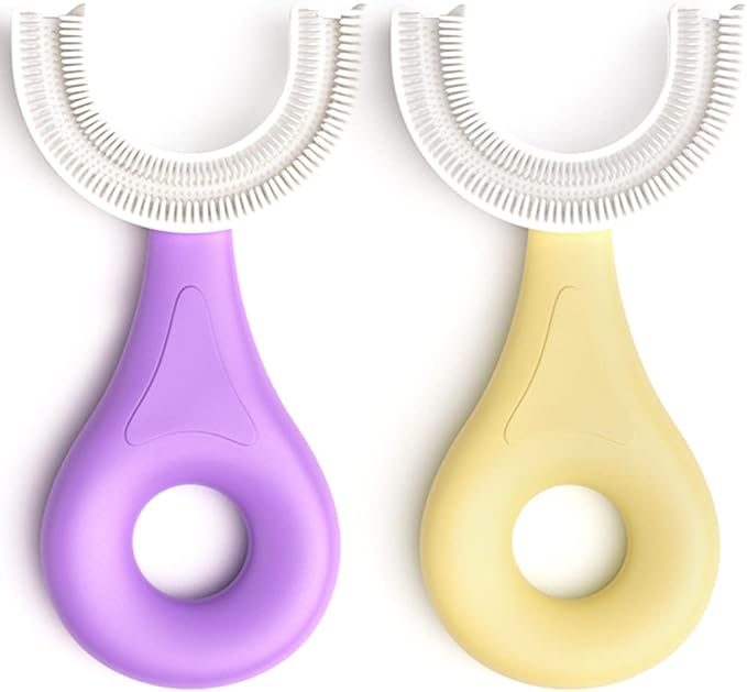 YOTEE U-Shaped Toothbrush Kids 2 PCS - Toddler Toothbrush with Food Grade Soft Silicone Brush Head, Manual Whole Mouth Tooth Brush for Kids Age 2-6(Purple+Yellow)