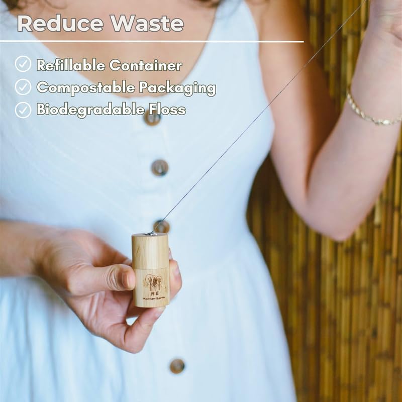 Vegan Biodegradable Bamboo Charcoal Dental Floss with Refillable Bamboo Container | Free Refill | Natural Candelilla Wax | 30M x2 | Peppermint Essential Oil | Eco Friendly Zero Waste Oral Care