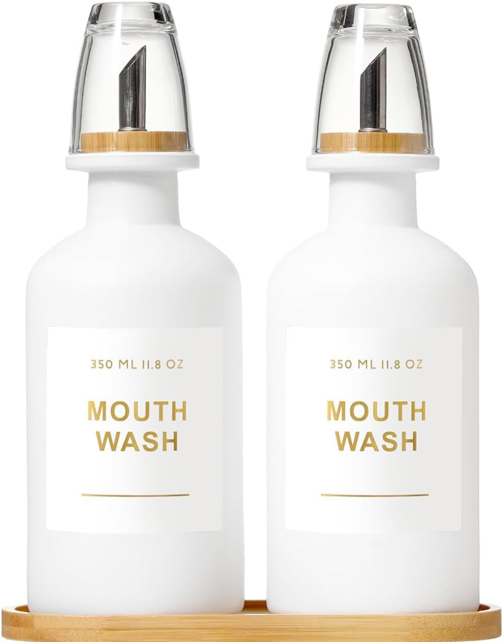 11.8OZ Mouthwash Dispenser for Bathroom with Bamboo & Stainless Steel Pour Spout, Mouthwash Cups Reusable, Bamboo Tray, and Elegant Gold Label. Set of 2（White