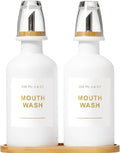 11.8OZ Mouthwash Dispenser for Bathroom with Bamboo & Stainless Steel Pour Spout, Mouthwash Cups Reusable, Bamboo Tray, and Elegant Gold Label. Set of 2（White