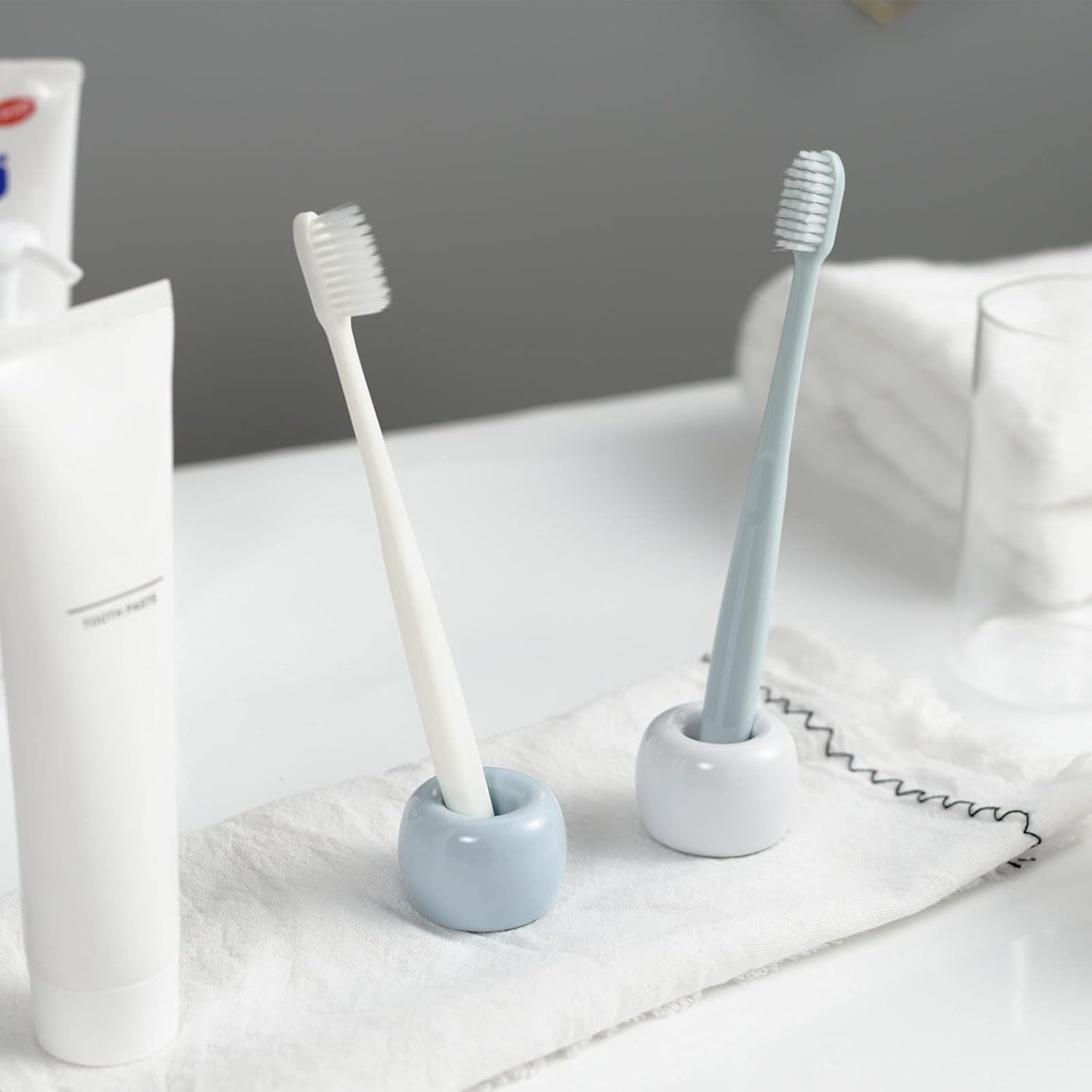 Mini Ceramic Couple Toothbrush Holder, Hand-Made Bathroom Toothbrush Holder, Electric Toothbrush Head Holder and Office Pen Holder 2-Piece Set (White)