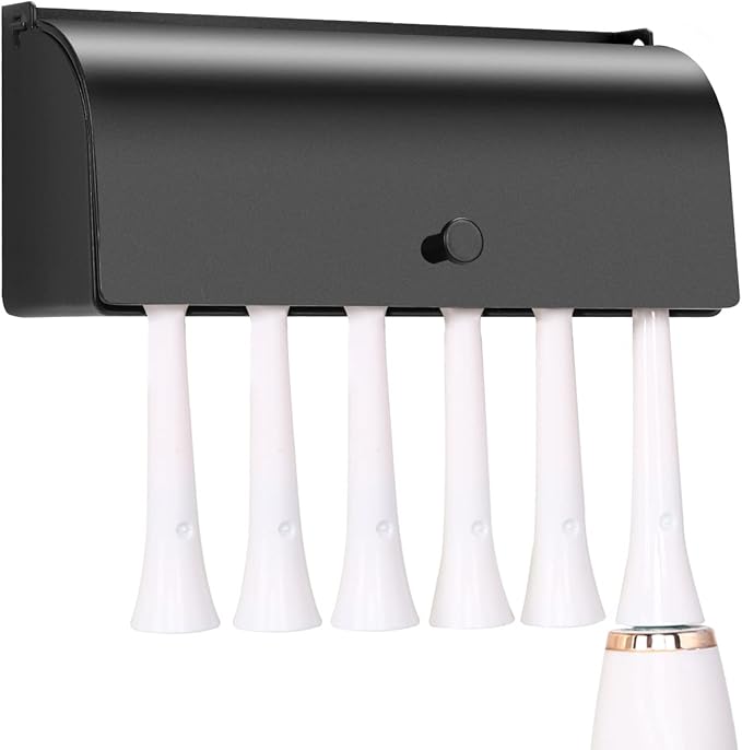 6-Slot Stainless Steel Toothbrush Holder with Cover - Wall Mounted, Dustproof, Self-Adhesive, Rustproof Bathroom Organizer for Toothbrush Storage (Black)