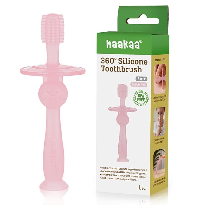 haakaa 360° Silicone Baby Toothbrush for Infants & Toddlers 6 Months+ | BPA-Free First Toothbrush with Soft Bristles & Safety Shield | Gentle Oral Care for Babies | Easy-Grip, Food-Grade Silicone